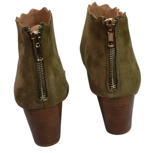 Anthropologie Heels 8.5 M Womens Scalloped Leather Open Toe Block Heel Taupe - Picture 6 of 12